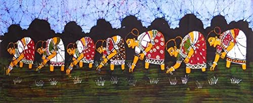 DollSofindia Village Mulheres semeando arroz - 17,5 x 44 polegadas - pintura multicolor Batik no pano - 17,5 x 44 polegadas