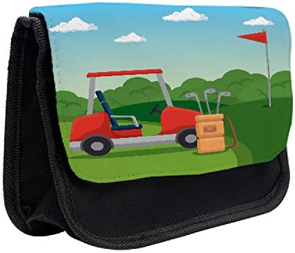 Caixa de lápis de campo de golfe de Ambesonne, carro de clube e bandeira, bolsa de lápis de caneta com zíper duplo, 8,5