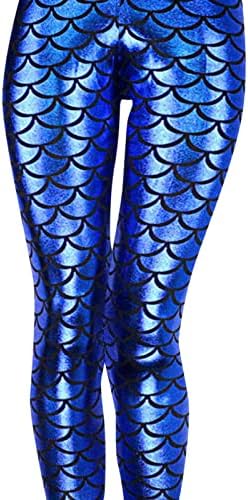 Vickyleb Mulheres de cintura alta escala de peixe apertado Leggings impressos perneiras estreitas com calças com calças de