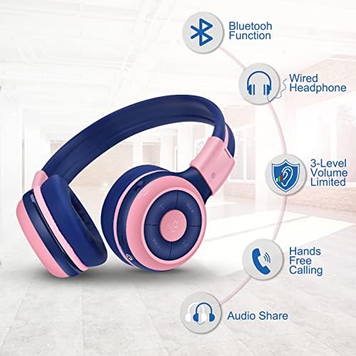 Fones de ouvido Simolio Kids Bluetooth, 15 horas jogando fone de ouvido dobrável sem fio com microfone e volume Limited, porta
