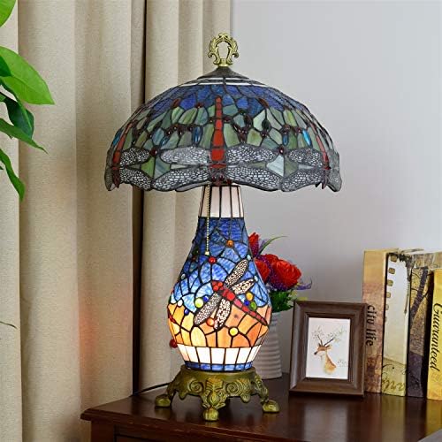 Tiffany Style manchado luminária de mesa de vidro Blue Dragonfly Retro Sala de cabeceira Lâmpada de mesa de cabeceira