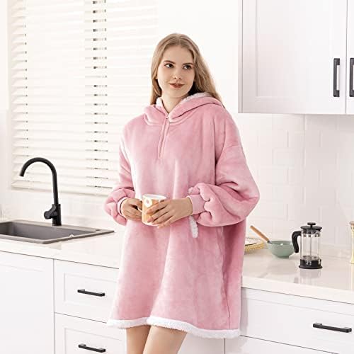 Hoodie de cobertor vestível de enormes grandes dimensões para adulto, moletom sherpa grosso com mangas elásticas e bolsos gigantes super quente e aconchegante jaqueta de lã de luxo, rosa
