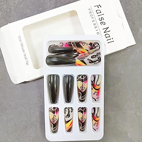 24 PCs em forma de caixão Pressione as unhas Dazzling Colors Fake Nails Balé preto no bastão da música na unha cola