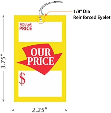 Pacote SmartSign de 250 regular e especial Nossos preços com cordas pré-acopladas, 2,25 x 3,75 polegadas, 12 Pt Cardstock, Merchandise Coated Tags, vermelho/amarelo/branco