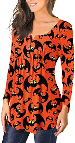 Camisas de Halloween femininas Blusa casual de manga comprida botão de babado para cima v pesco