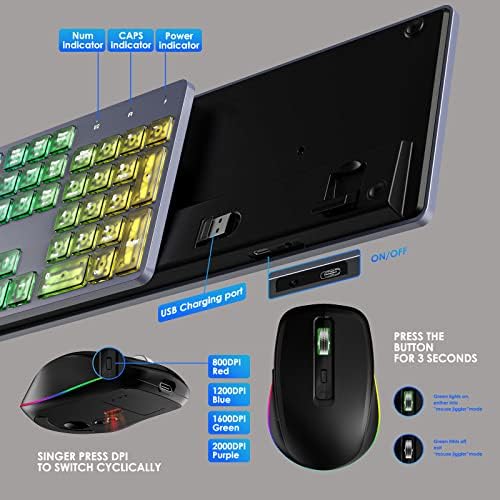 Powzan Wireless Teclado e mouse, combo de teclado sem fio recarregável, mouse de gabarito slim em tamanho real silencioso 7 cor