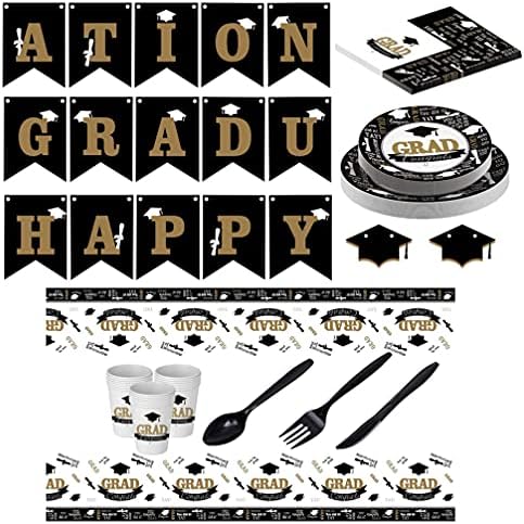 ABAODAM 114PCS Graduation Party Tabelware Celebration Dinels Dintarwarware Decoração de festas Decorações com placas de