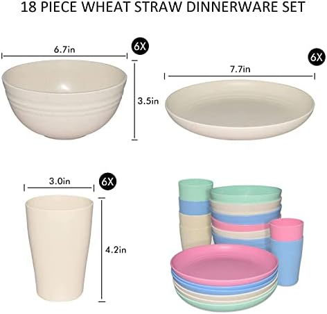 DelmoCart Wheat Palue de palha Conjunto de 6.18 peças Placas de sopa de cereais leves e reutilizáveis ​​multicolor