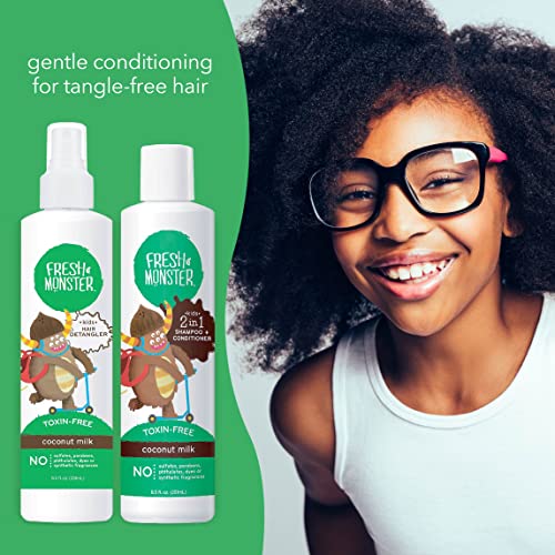 Fresh Monster Kids Hair Detangler Spray e shampoo 2 em 1 Combinamento de shampoo e condicionador, livre de toxinas, hipoalergênico