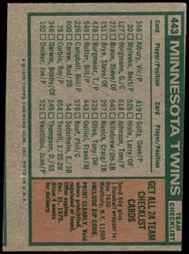 1975 Topps # 443 Lista de verificação da equipe de gêmeos Frank Quilici Minnesota Gêmeos Cards de Dean 2 - Good Twins