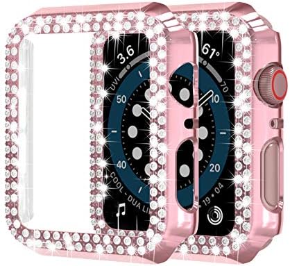 Supproek 4 pacote duplo capa de bling compatível com a série Apple Watch 6 SE 5 4 44mm, Diamantes de cristal de moda compatível com Apple Watch 44mm, ouro rosa/prata/preto/claro