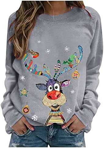 Narhbrg Christmas Mulheres tops fofos renas impressão casual solto de manga longa Crewneck suéteres moletons de férias tops de