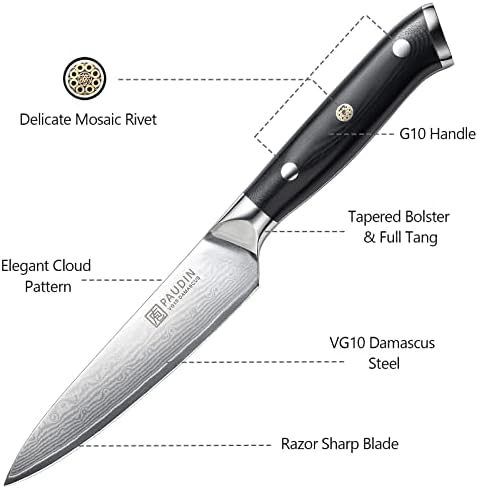 Faca de utilidade paudin, faca de 5 '', faca de cozinha de Damasco, borda ultra-nítida da lâmina forjada de 67 camadas, faca de aço
