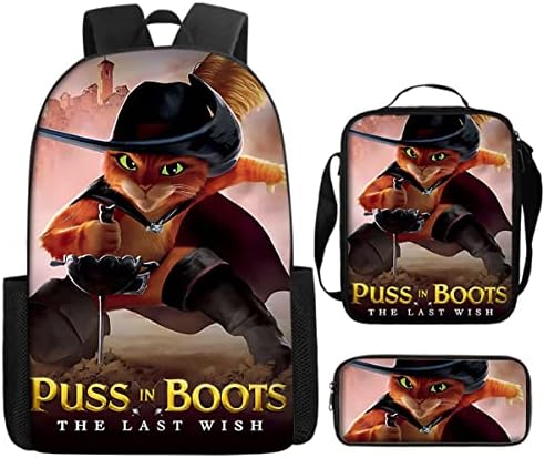 Idyma Kids Puss in Boots Backpack Boys Puss 3 Piece 3d desenho animado de desenho animado Backpack Backpack Back Bag Daypack Laptop