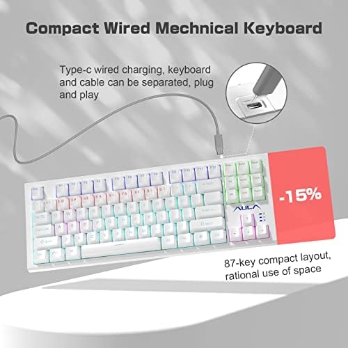 Teclado de jogos mecânicos AULA, teclado RGB 87 Keys Wired PC Compact PC, teclado mecânico anti-ghosting para PC Windows