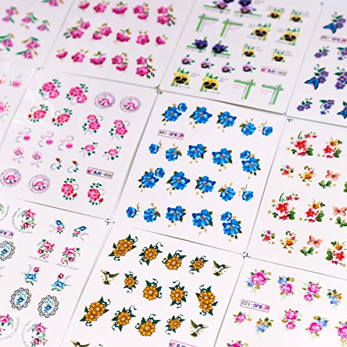 Silpecwee 55 lençóis Decalques de água da unha Decalques de água de flor Glitter Flor Decalques de unhas Tattoos de unhas Decalques de água de design de água para unhas Dicas de manicure Decoração de unhas