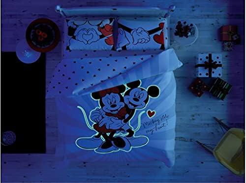 Paradise ranforce algodão Minnie e Mickey Mosue Bedding, bolinhas e capa com tema de coração/edredão com folha ajustada, branco vermelho, tamanho completo/queen