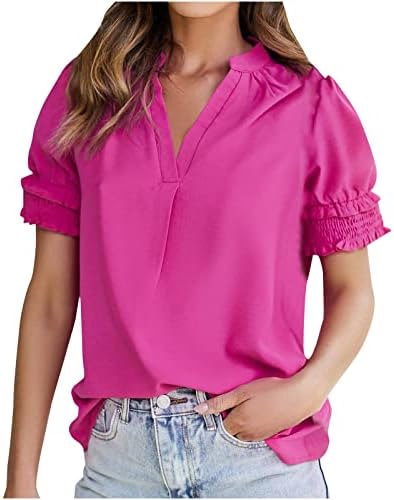 Tops de manga ruched para mulheres de cor sólida de cor casual em v luva curta de camiseta solta camisetas