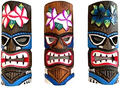 Oma de máscara de máscara de máscara esculpida em madeira Decoração de parede pendurada na praia havaiana Tropical - Conjunto de - tamanho 12 de altura