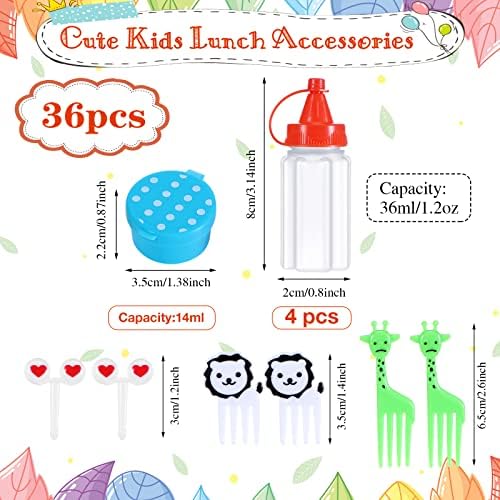 Zubebe 36 Picks de comida de animal para crianças 8 mini garrafas de condimentos Ketchup Squeeze Bottle 4 molho recipiente almoço