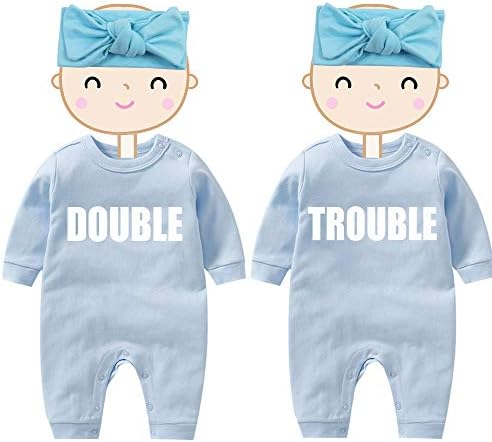 Aouyoa Baby Twins Bodysuits Recém -nascidos Roupa de menino engraçado Double Trouble Clothing Girl Bomper com chapéu