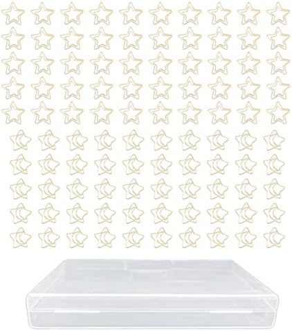 100 PCs Mini Mini Paper Clips Organizador de arquivo de ouro com padrão de lua estrela para documentos da escola de escritório Organização para a escola de escritório em casa