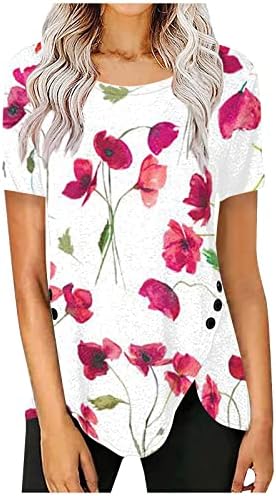 Button Flit Slit Casual V Camisetas impressas para mulheres de manga curta blusa de túnica de túnica Tops vestidos