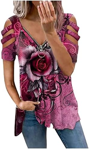 Blouses de verão para mulheres 2023 Trendy Floral ombro frio ombro curto Zip V pescoço de túnica fluida Camisa vestida