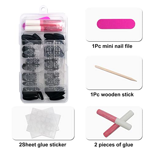 AddFavor 120pcs Pressione as unhas de comprimento médio Matte Black Almond Fake Nails Tampa completa Estiletto acrílico cola falsa em unhas definidas com guias adesivas para mulheres e meninas manicure, 12 tamanhos