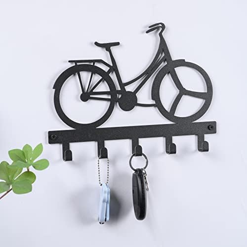 Polunca Metal Key Solder Decorativo Cabine de montagem de parede com 5 ganchos de padrão de bicicleta para toalha de armário de entrada, perfeita para a decoração e organização da casa da porta da frente, preto, 9,6 '' x 7 '' x 0,8 ''