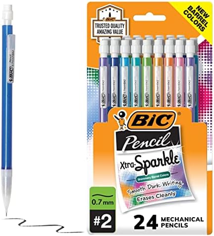 Lápis mecânicos de Bic Xtra-S-Sparkle Número 2 com borrachas, ponto médio, pacote de 24 contagens, lápis mecânicos fofos para meninas, meninos e adultos