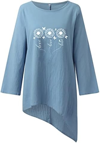 Camisa de linho para mulheres, estampa de flor 3/4 de mangas no pescoço redondo camisetas de blusa de linho soltas para mulheres plus