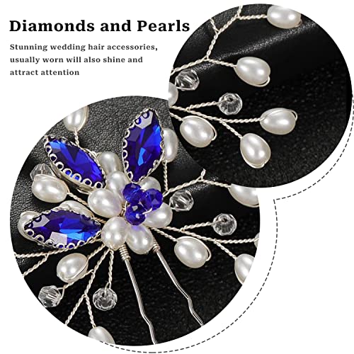 Bride Flower Pearl Pins, 2pcs Prata Blue Crystal Cabelo Acessórios de cabelo Flor Stromestone Pinos de cabelo azul