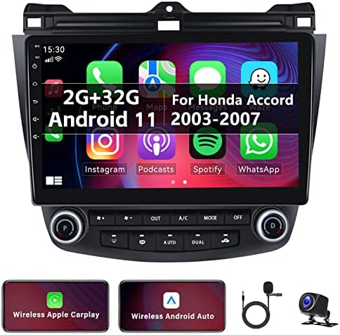 [2+32g] Android 11 estéreo de carro para Honda Accord 2003-2007 com Apple CarPlay & Android Auto, rádio de carro sensível ao toque de 10,1 polegadas com GPS WiFi Bluetooth FM/RDS Rádio SWC Dual USB/Aux-In+Câmera de Backup