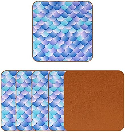 Coasters de padrão de escala de peixes Conjunto de 6, presente decorativo de couro PU para decoração de casa para decoração