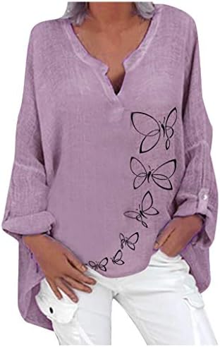 LatINDAY Women Summer Caden Linen T Shirts V Blush de pescoço solto impressão floral Tops folgados PLUS TAMANHO