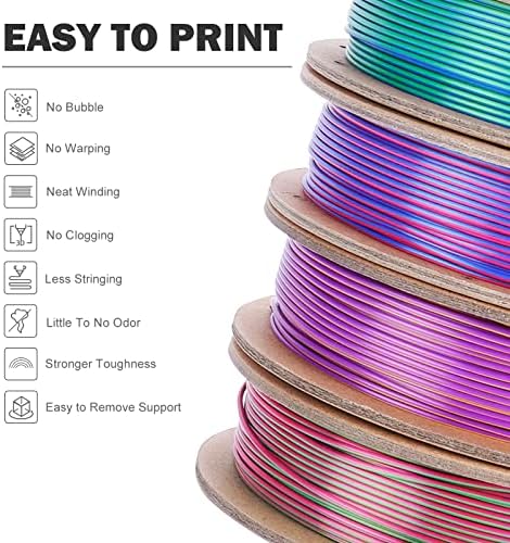 ERYONE Silk Dual Filamento PLA 3D Impressora 1,75 mm +/- 0,03 mm, filamento brilhante de coextrusão de seda 0,25 kg/bobos, 4pack,