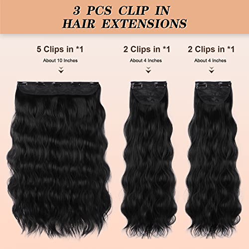 Deethens 3pcs 24 polegadas Clipe em extensões de cabelo longas onduladas Extensões de cabelo ondulado preto para mulheres