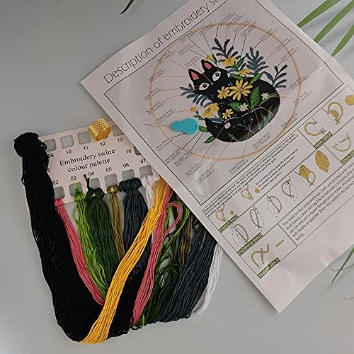 kit de bordado de mopulo para adultos para iniciantes kit de estântico cruzado com padrão de flor de gato preto bordado bordado de pano fios A agulhas fáceis