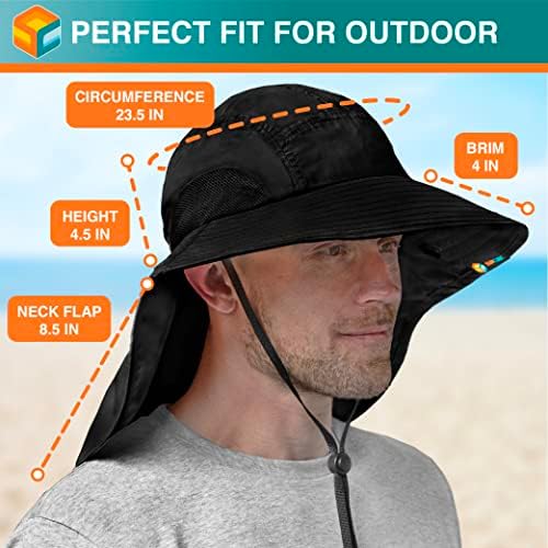 Sun Cube largo Capéu de sol com aba do pescoço, UPF50+ Caminhada Chapéu de pesca para homens para homens, chapéu de praia de