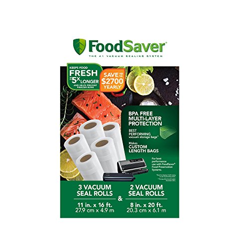 FoodSaver 8 e 11 Vacuum Rolls Multipack, Multi-Pack, Clear e 1 litro Sacos de vedação de vácuo pré-cortes com construção multicamada sem BPA para preservação de alimentos, 44 contagem