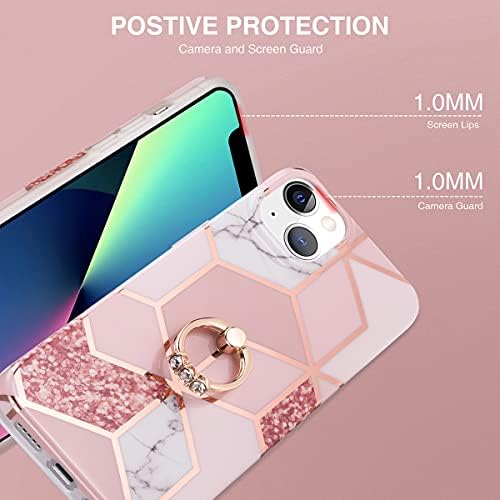 Manleno Compatível com o iPhone 13 Case, iPhone 14 Case Mármore com suporte de stand Ring Kickstand Glitter Sparkle Design Women Girls Slim Protective Caso Caso macio para iPhone 13/14 6.1