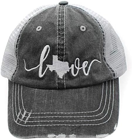 Estilo de caminhoneiro feminino Love Texas bordou chapéus de beisebol e bonés pretos/cinza