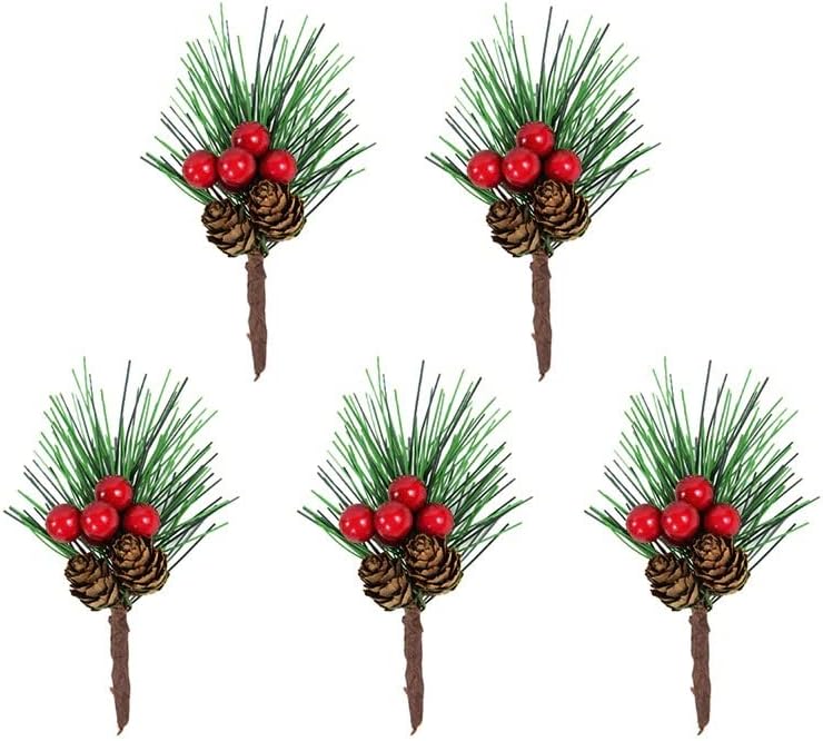 Ornary 5pcs Christmas Red Berry Articifial Flower Pine Branch Decorações de árvore de Natal Ornamento Pacar