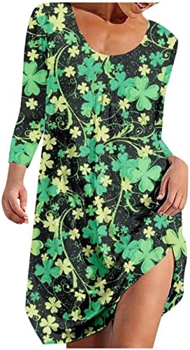 Vestidos casuais femininos da Nokmopo Moda Casual Round Neck de St. Patrick's Print Prind Casual Slave Longa Dress