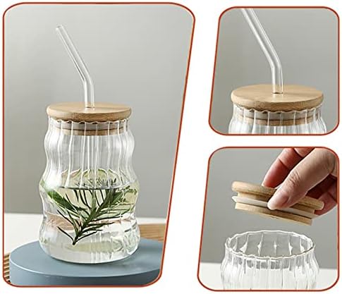 Yalych 2 embalagem de copos de bebida com tampas de bambu e palha de vidro 17oz Ripple criativo copo de copo de vidro de vidro para refrigerante gelado de refrigerante de refrigerante de chá