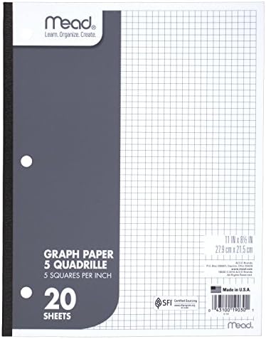 MEAD GRAPHAT PAPER PAD, Quadrille, 5 quadrados por polegada, 11 x 8-1/2, 20 folhas, 1 pacote