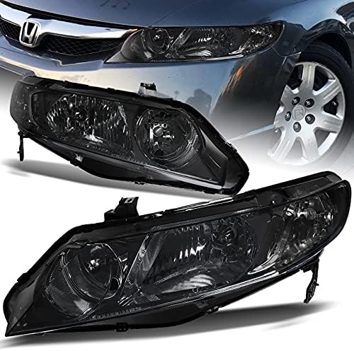 Desempenho de Driftx, 2pcs Crome Habitação Faróis com refletor de fumaça Fit para compatível com 2006 - 2011 Honda Civic 4dr/Sedan, lâmpadas de lente transparente