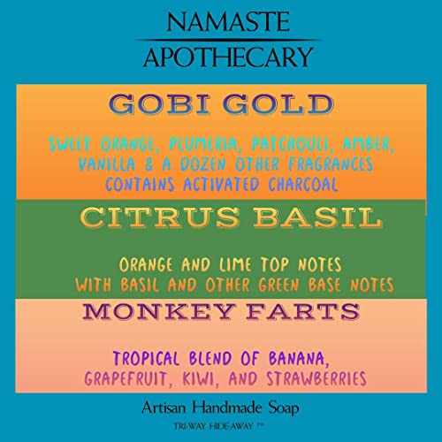 Tri -Way Hide -Away Namaste Apothecary All Natural Soap Mens Bar Soop Soap Grete Conjunto - 3 Soap Bar Variety Pack - Cool Citrus Basil, Gobi Gold, Monkey Farts