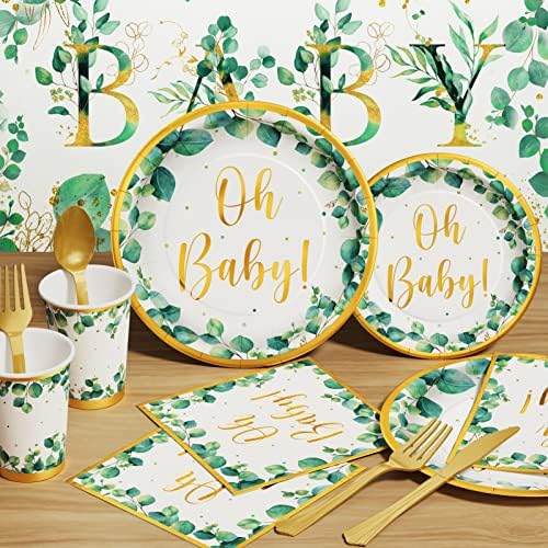 Ecomore Sage Greenery Baby Shower Supplies - 175 PCs Boho Neutro Dintarware Disponível com OH Placas de Papel de Baby Guardinhas